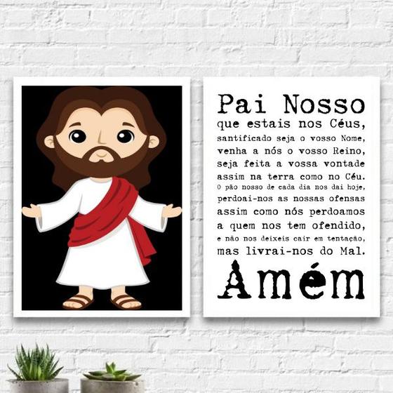 Imagem de Kit 2 Quadros Infantis Oração Pai Nosso 24x18cm - com vidro