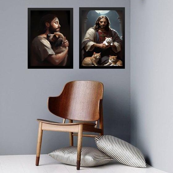 Imagem de Kit 2 Quadros Jesus Com Cães e Gatos 33x24cm - com vidro