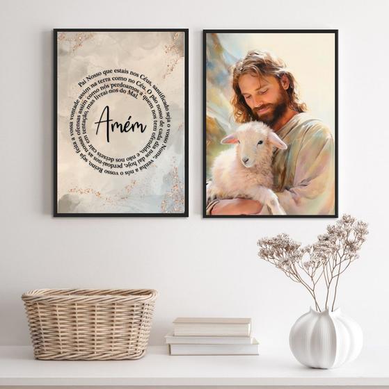 Imagem de Kit 2 Quadros Jesus Com Cordeiro - Oração 33x24cm - com vidro