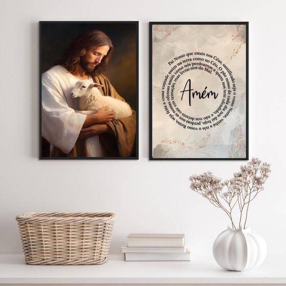 Imagem de Kit 2 Quadros Jesus Com Ovelha - Pai Nosso 24x18cm - com vidro