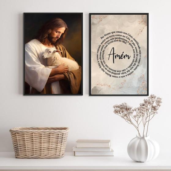 Imagem de Kit 2 Quadros Jesus Com Ovelha - Pai Nosso 24X18Cm