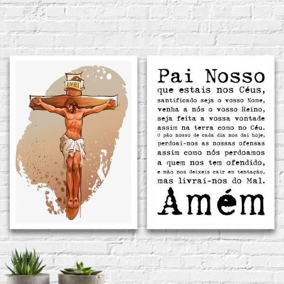 Imagem de Kit 2 Quadros Jesus Cruxificado Pai Nosso 24X18 Vidro Branca