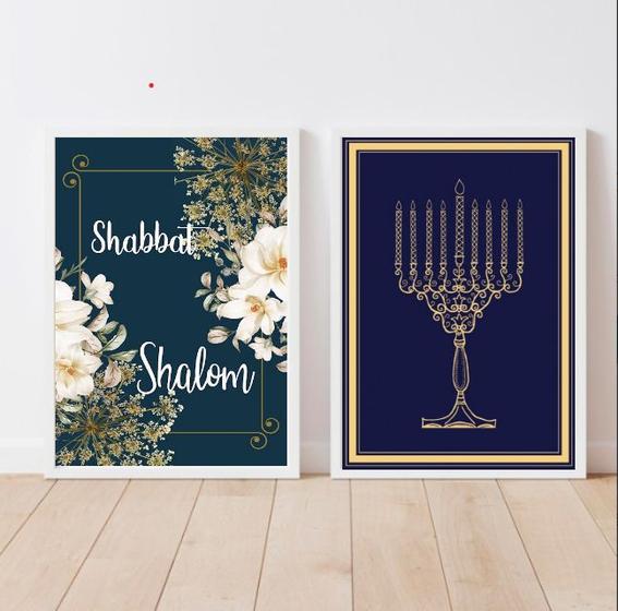 Imagem de Kit 2 Quadros Judaicos Shabbat ShalomMenorah 45x34cm - com vidro