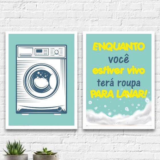 Imagem de Kit 2 Quadros Lavanderia Azul E Amarelo 33x24cm - com vidro