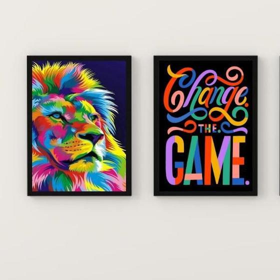 Imagem de Kit 2 Quadros Leão Colorido Change The Game 33x24cm