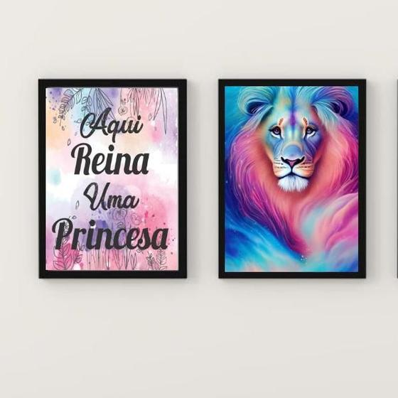 Imagem de Kit 2 Quadros Leão Galáxia Aqui Reina uma Princesa 45x34cm