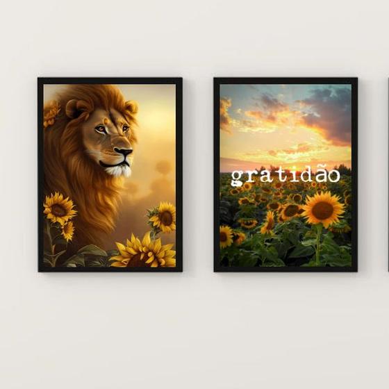 Imagem de Kit 2 Quadros Leão Girassóis Gratidão 33x24cm - com vidro