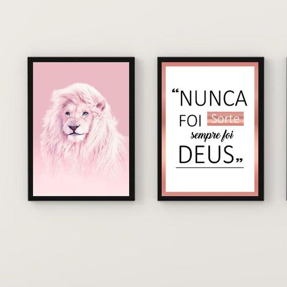 Imagem de Kit 2 Quadros Leão Rosa Nunca FoiSorte 33x24cm