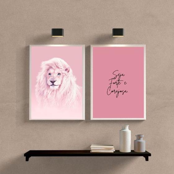 Imagem de Kit 2 Quadros Leão Rosa Seja Forte ECorajosa 33x24cm - com vidro