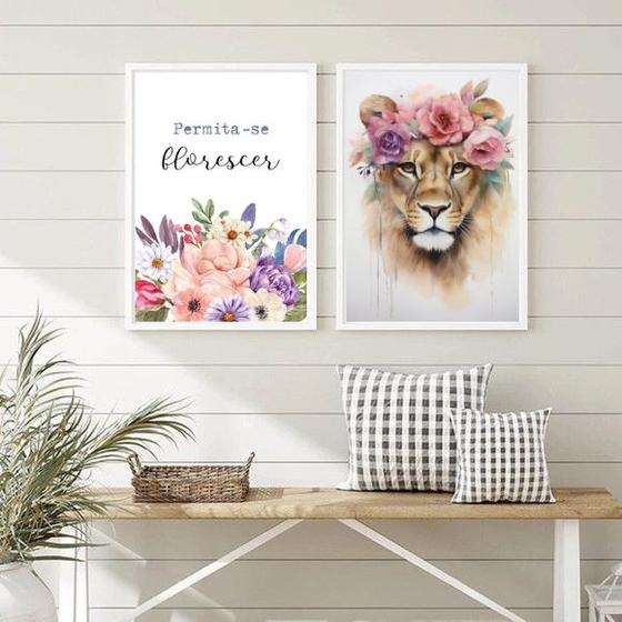 Imagem de Kit 2 Quadros Leoa Permita-se Florescer 24x18cm - com vidro