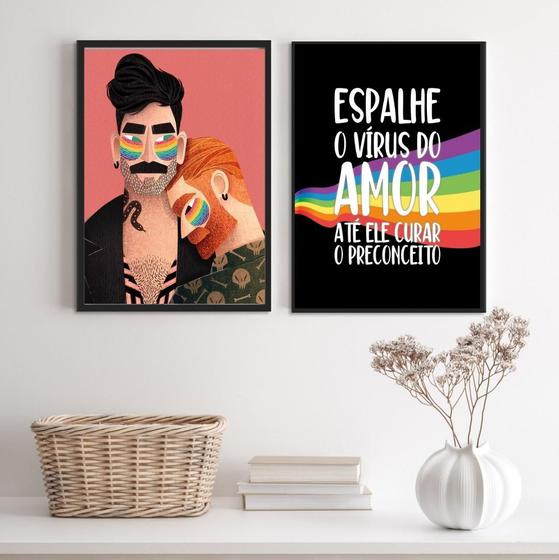 Imagem de Kit 2 Quadros LGBT Gays Amor 45x34cm - Madeira Branca