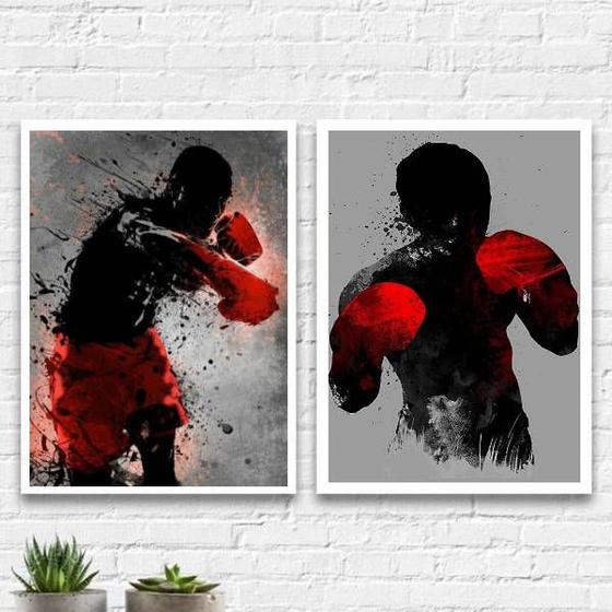 Imagem de kit 2 Quadros Lutadores De Boxe 33x24cm - com vidro