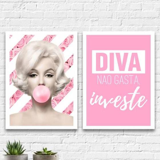 Imagem de Kit 2 Quadros Marilyn Diva Rosa 45x34cm - com vidro