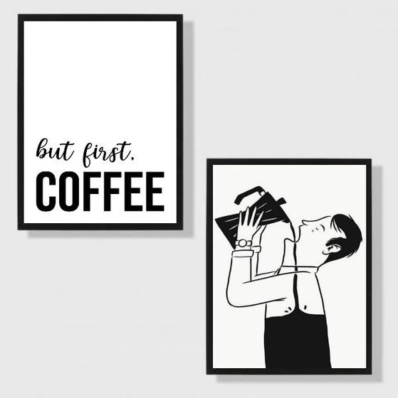 Imagem de Kit 2 Quadros Minimalistas Café But First Coffee 45x34cm