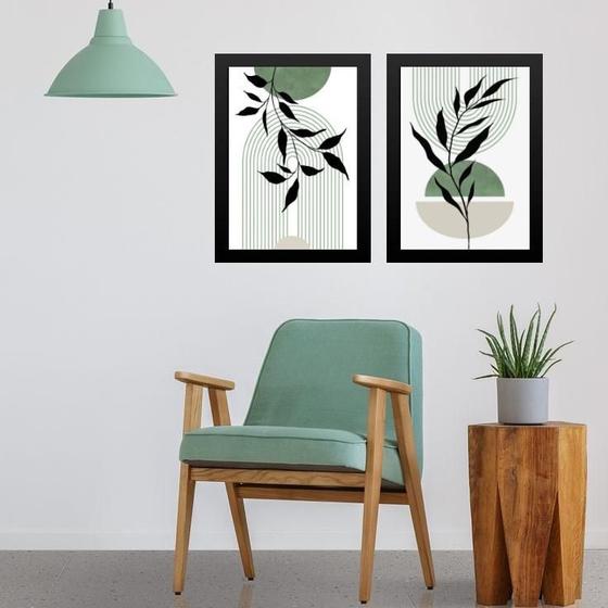 Imagem de Kit 2 Quadros Modernos Boho Verde Folha 24X18Cm - Com Vidro