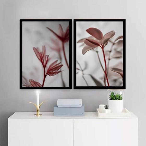 Imagem de Kit 2 Quadros Modernos Florais Cinza e Vinho 33x24cm - com vidro