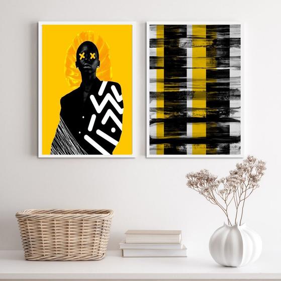 Imagem de Kit 2 Quadros Modernos Preto E Amarelo MulherAbstrato 45x34cm - com vidro