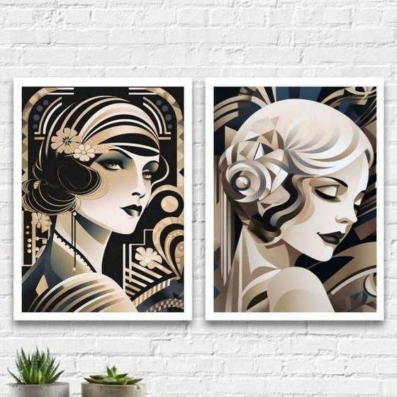 Imagem de Kit 2 quadros mulheres art deco 24x18cm - com vidro