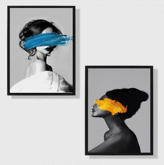 Imagem de Kit 2 Quadros Mulheres Com Tinta Azul E Amarelo 24x18cm - com vidro