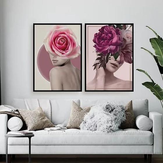 Imagem de kit 2 Quadros Mulheres Flores Cabeça 45x34cm - com vidro