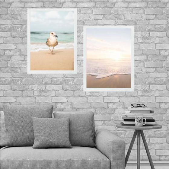 Imagem de Kit 2 Quadros Nascer do Sol Na Praia 33x24cm - com vidro