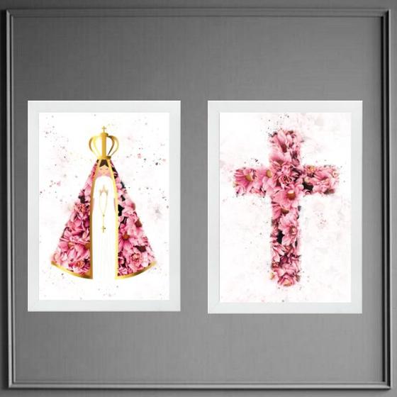 Imagem de Kit 2 Quadros Nossa Senhora E Cruz Flores 24x18cm - com vidro