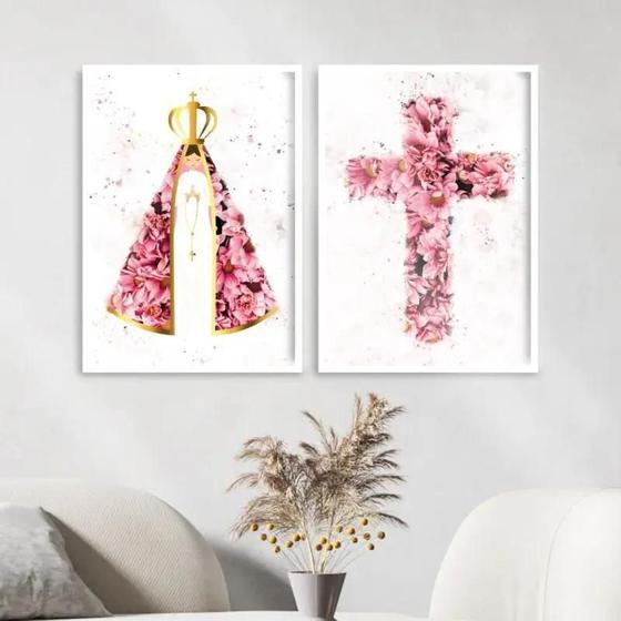 Imagem de Kit 2 Quadros Nossa Senhora E Cruz Flores 33X24Cm Branca