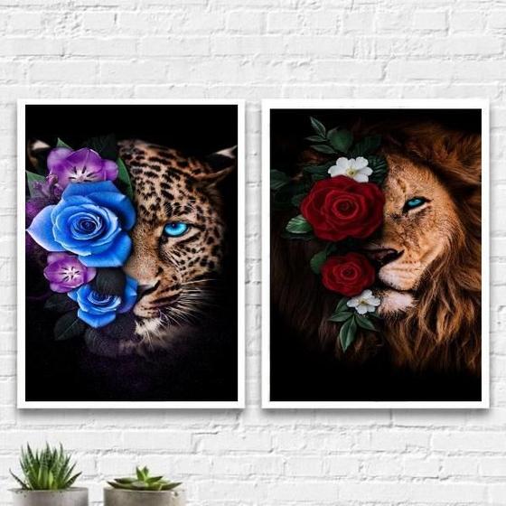 Imagem de Kit 2 Quadros Onça E Leão Com Flores 33X24Cm
