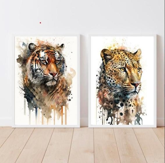 Imagem de Kit 2 Quadros Onça e Tigre Aquarela 33x24cm Moldura Preta