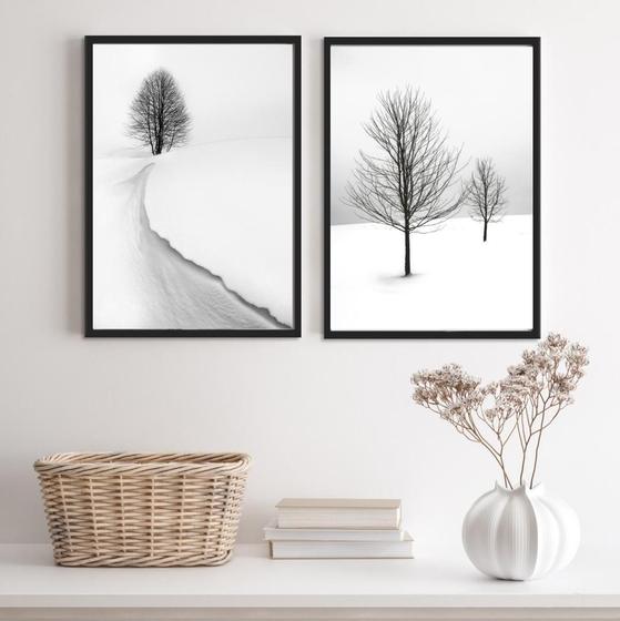 Imagem de Kit 2 quadros paisagens neve árvores 24x18cm - vidro e moldura preta