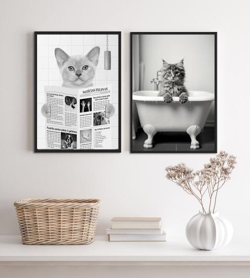 Imagem de Kit 2 Quadros para Decorar Banheiro- Gatos 24x18cm - com vidro