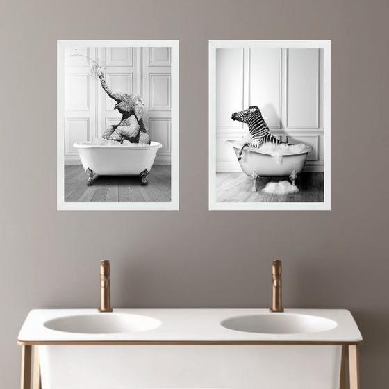 Imagem de Kit 2 Quadros Para Decorar Banheiro - Zebra e Elefante 24x18cm - com vidro