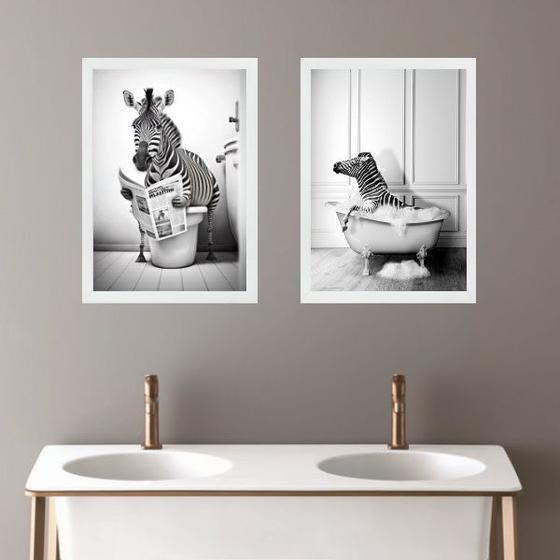 Imagem de Kit 2 Quadros Para Decorar Banheiro - Zebrinha 33x24cm - com vidro