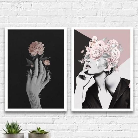Imagem de Kit 2 Quadros Para Quarto Mulher Com Flores 45Cm Com Vidro