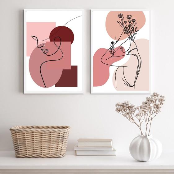 Imagem de Kit 2 Quadros Para Quarto Mulher Contorno LinhaRosê 33x24cm - com vidro