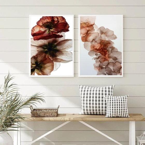 Imagem de Kit 2 Quadros Para Sala Flores Rosê E Marrom 33x24cm - com vidro