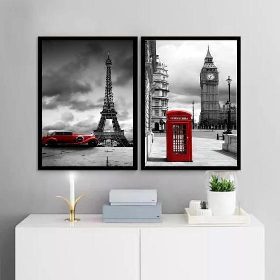 Imagem de Kit 2 Quadros Paris E Londres - Vermelhos 24X18Cm - Vidro