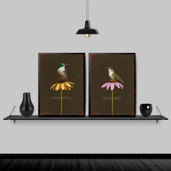 Imagem de Kit 2 Quadros Passarinho- Thankful e Blessed 24x18cm - com vidro