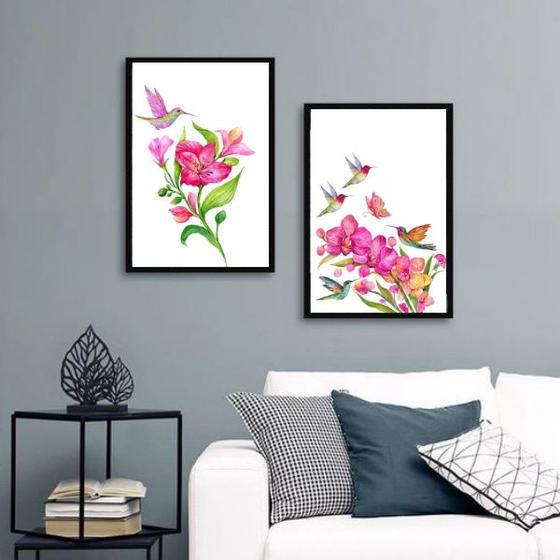 Imagem de Kit 2 Quadros Passarinhos Beija-Flores 33x24cm - com vidro