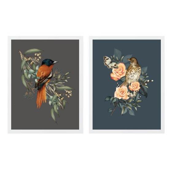 Imagem de Kit 2 Quadros Passarinhos Clássicos 45x34cm - com vidro