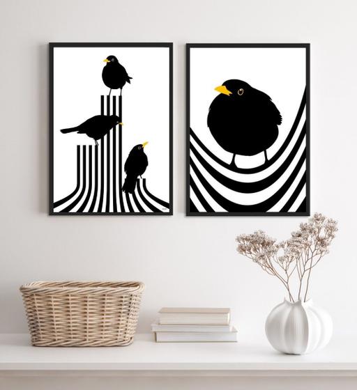 Imagem de Kit 2 Quadros Passarinhos ModernosListras 24x18cm - com vidro