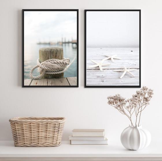Imagem de Kit 2 Quadros Praia Branco- Corda E Estrela Do Mar 45x34cm - com vidro