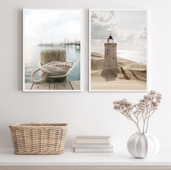Imagem de Kit 2 Quadros Praia Branco- Corda E Farol 24x18cm