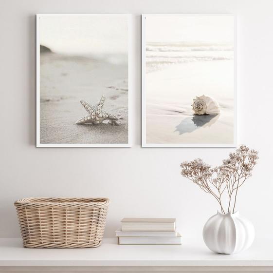 Imagem de Kit 2 Quadros Praia Branco E Bege- Concha E Estrela 45x34cm - com vidro