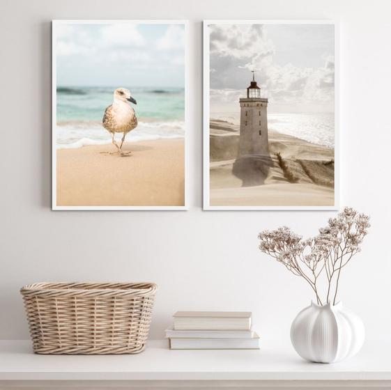 Imagem de Kit 2 Quadros Praia Branco E Bege- Gaivota Farol 24x18cm