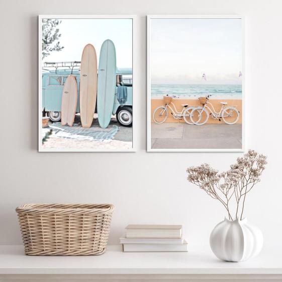 Imagem de Kit 2 Quadros Praia Kombi e Bicicleta 33x24cm - Branco