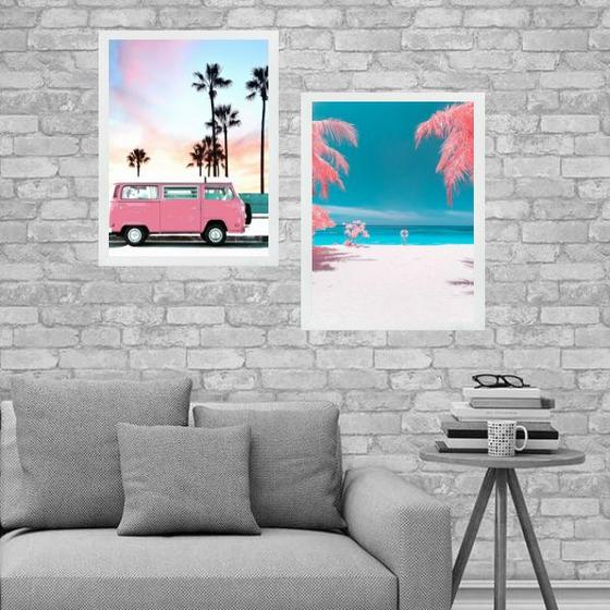 Imagem de Kit 2 Quadros Praia Kombi Rosa 45x34cm - com vidro