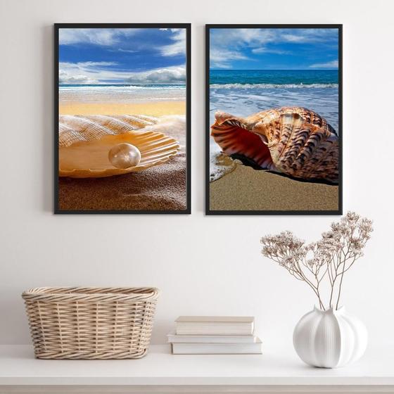 Imagem de Kit 2 Quadros Praia Mar Conchas 45x34cm Madeira Branca