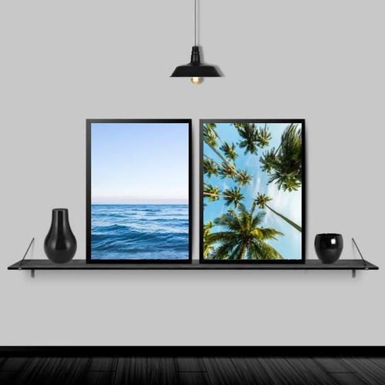 Imagem de Kit 2 Quadros Praia Mar Coqueiros 24X18 Com Vidro - Preta