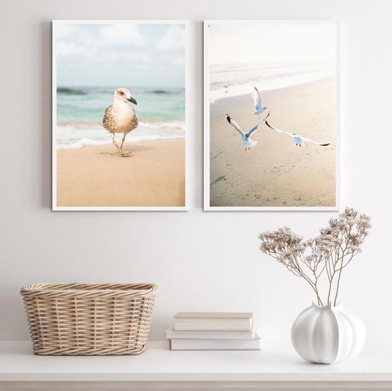 Imagem de Kit 2 Quadros Praia Neutro- Gaivotas 45X34Cm - Com Vidro